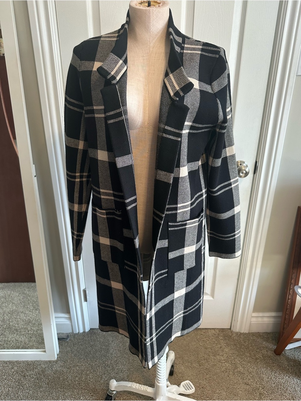 Pink Martini Black and Cream Plaid Open-Front Trench Coat